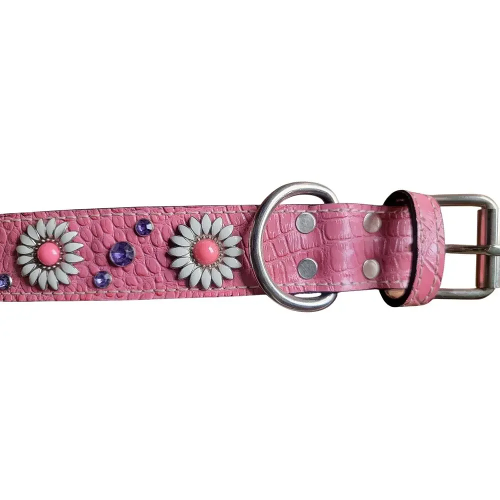 Custom Pink Rhinestone Leather Collar D Ring Choker Necklace